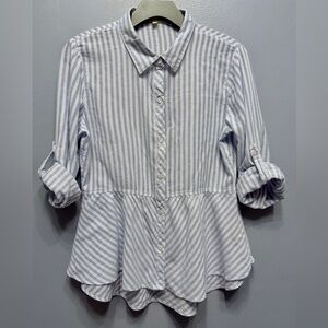 #1) 100% Cotton Love Notes Blue and White Striped Button Down Shirt